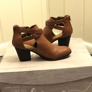 Tan Buckled Cut Out Ankle Booties